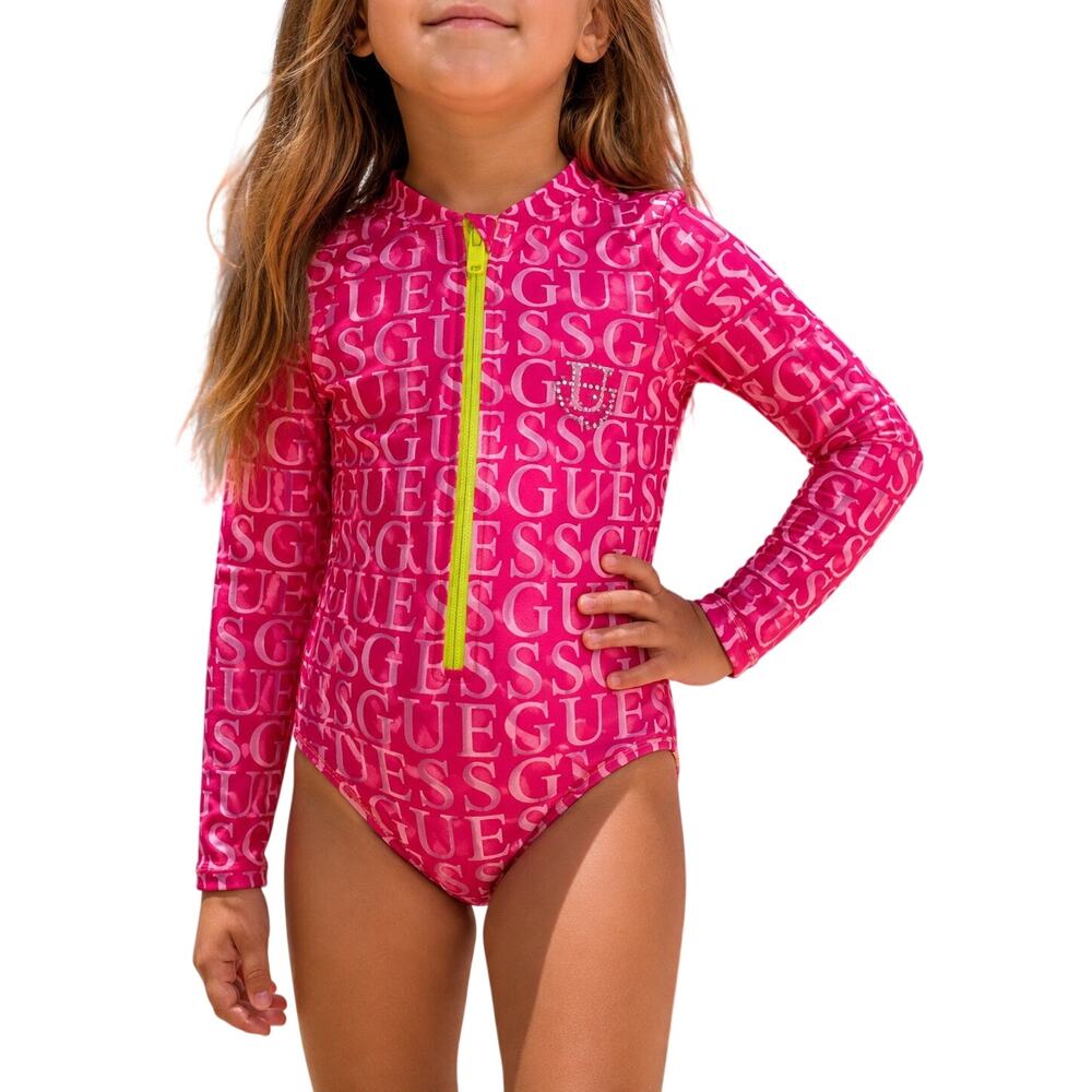 Guess Kids Hot Pink Logo Rashguard Swimsuit Neon Zip One Piece Size 4